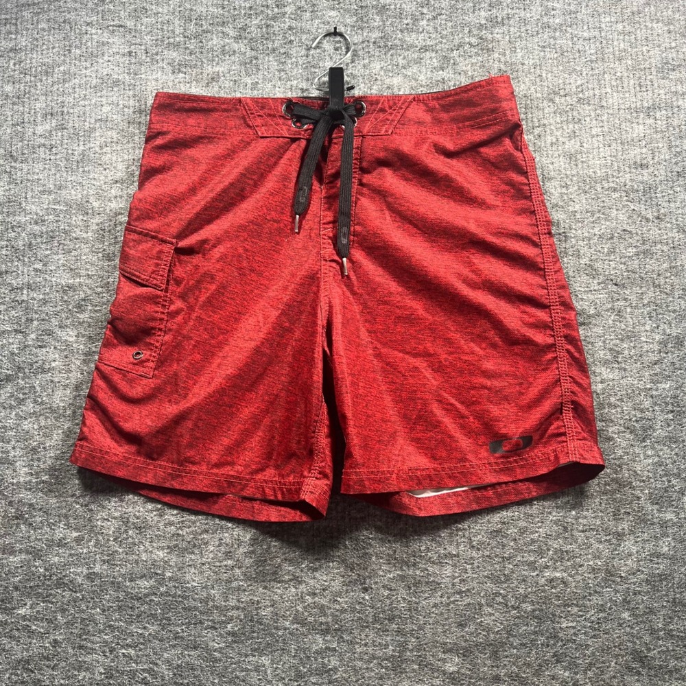 Oakley Mens Red Heathered Board Shorts Swim Trunks Size 32 Cargo Pocket